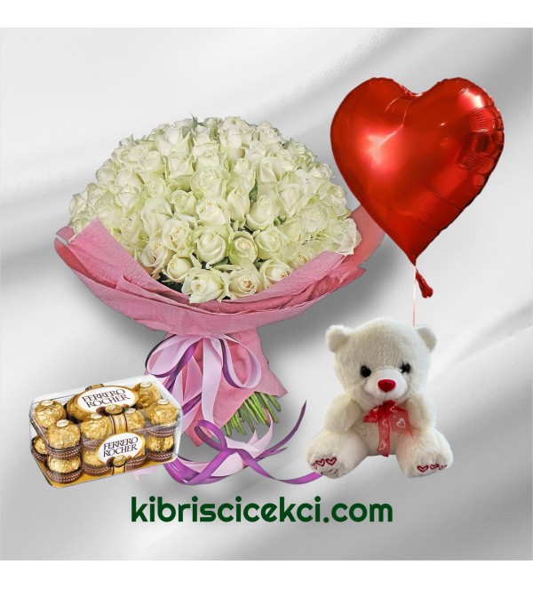 101 Beyaz Gül Buketi Ayıcık 16'lı Ferrero Çikolata Kalp Helyum Balon